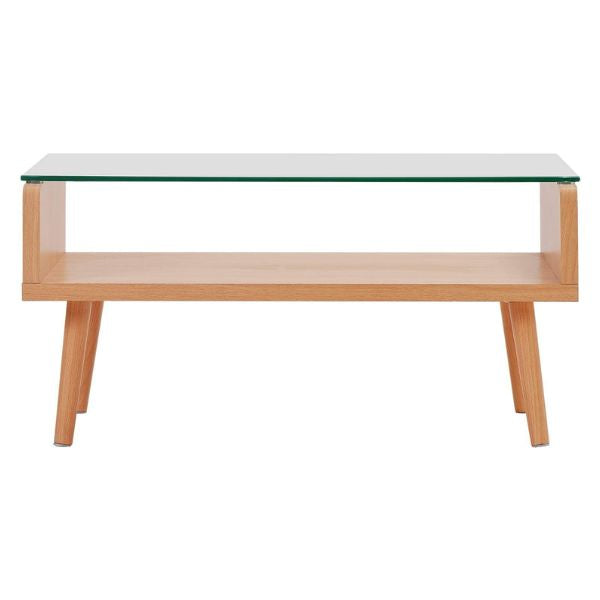 Eleonor Glass & Wood Coffee Table featuring a clear glass top and wooden base, perfect for modern living rooms.
