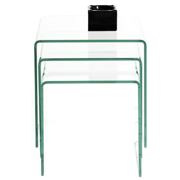 3 Piece Nesting Coffee Table Set with sleek glass design and a black decorative object on top, perfect for modern living rooms.