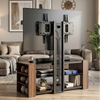 Modern Glass TV Stand displaying a flat-screen TV in a stylish living room setting.