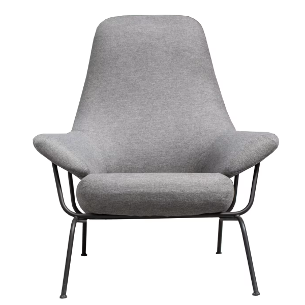 Zen Lounge Chair in gray fabric with minimalist design, perfect for modern living spaces and relaxation.