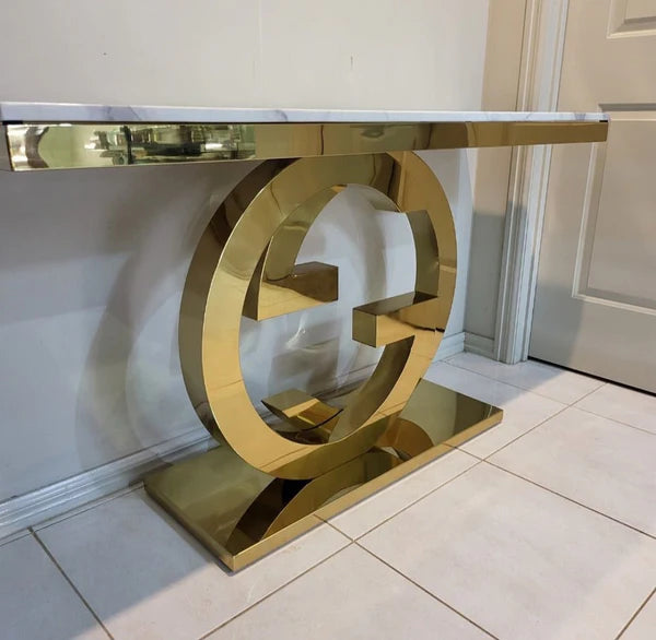 Modern Gold Circular Accent Console Table featuring a stylish golden base and a sleek marble top.