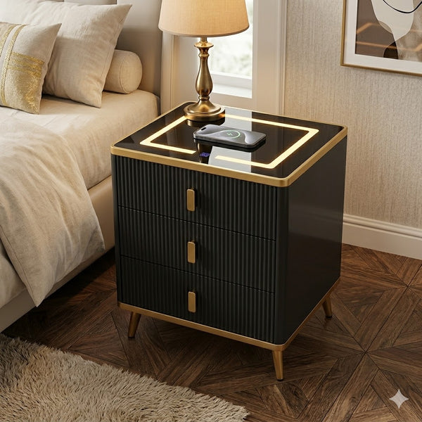 Smart Wireless Charging Bedside Table with Speakers featuring drawers and a lamp, perfect for a modern bedroom.