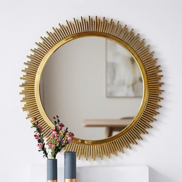 Sunburst Decorative Round Wall Mirror with a gold sunburst design reflecting light and framed with stylish accents.