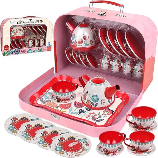 Floral 15-Piece Kids Tin Tea Set with Carrying Case showcasing colorful cups, saucers, and a teapot in a pink carrying case.