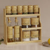 Glass Spice Jar Set with Bamboo Stand featuring spices, oils, and a stylish two-tier bamboo storage display.