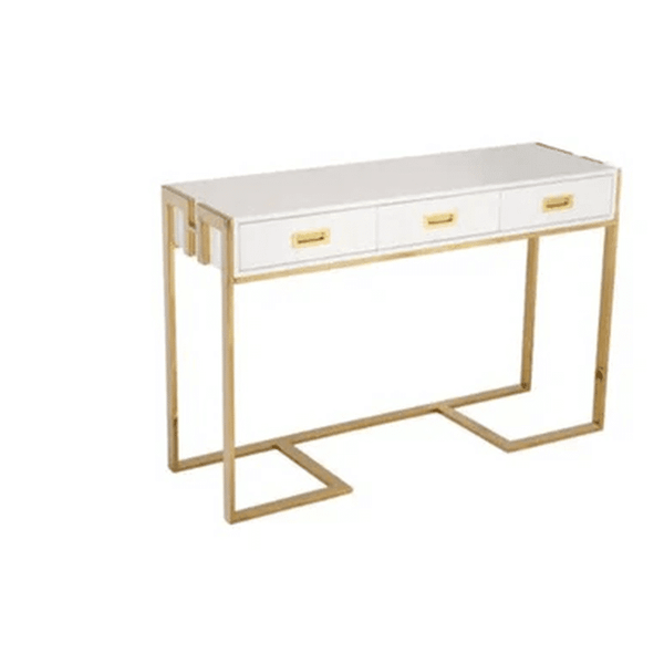 Luxe Glam Console Table with white surface and gold metal frame, perfect for stylish entryways and living areas.