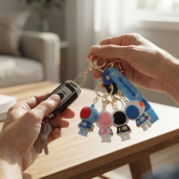 Hands holding keys with 3D Silicone Astronaut Keychain and colorful astronaut figures, showcasing fun space-themed accessories.