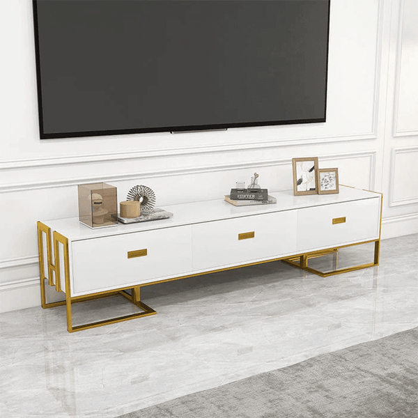 Urban Modern Media Console with gold accents, providing stylish storage for TV and media devices.
