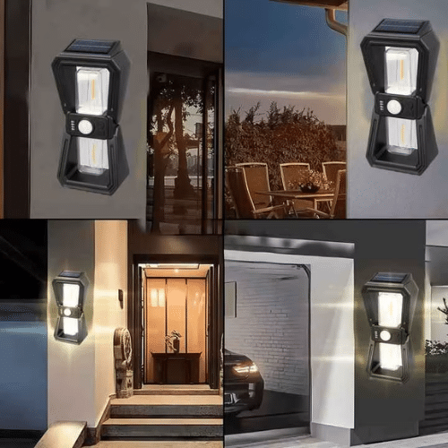 Solar Modern Outdoor Wall Light mounted on various outdoor walls, illuminating patio and entrance areas.