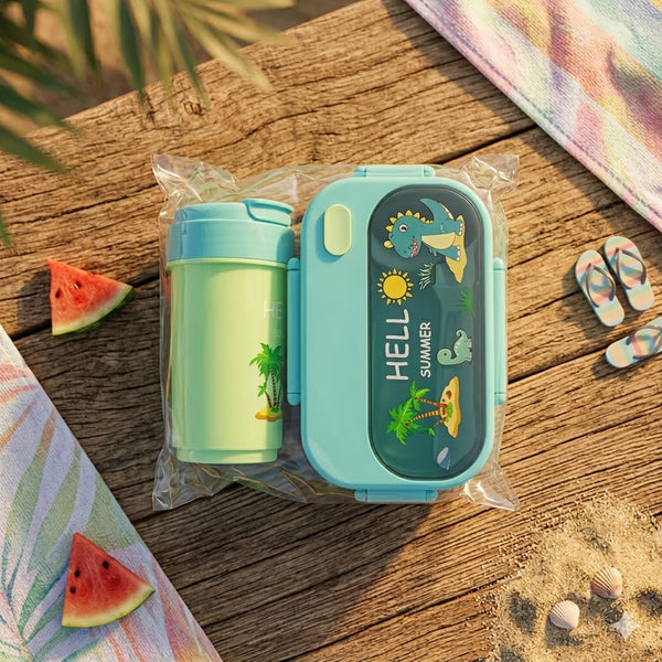 Cute Cartoon Dinosaur Kids Bento Lunch Box & Cup Set displayed on a beach setting with vibrant colors and fun designs.