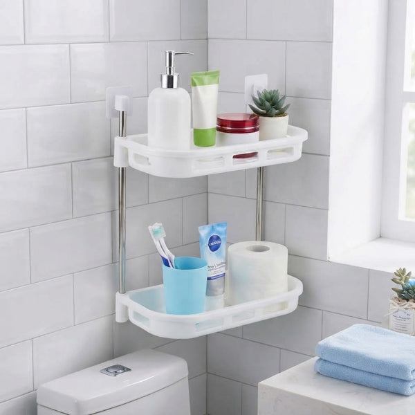 Space Nest 2-Tier Bathroom Corner Shelf with toiletries and essentials organized in a bright bathroom setting.
