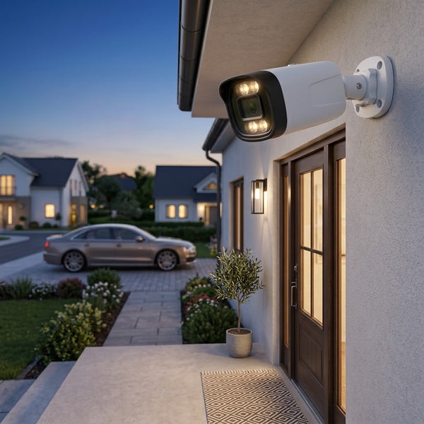 3MP 4-Channel NVR PoE Security Camera Kit mounted outside a home with warm light for enhanced security.