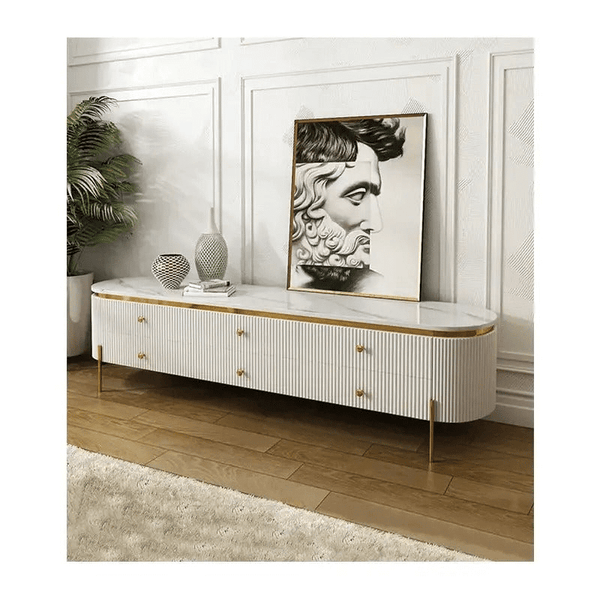 Modern Media Cabinet with elegant design, showcasing storage and decor elements in a stylish entertainment space.