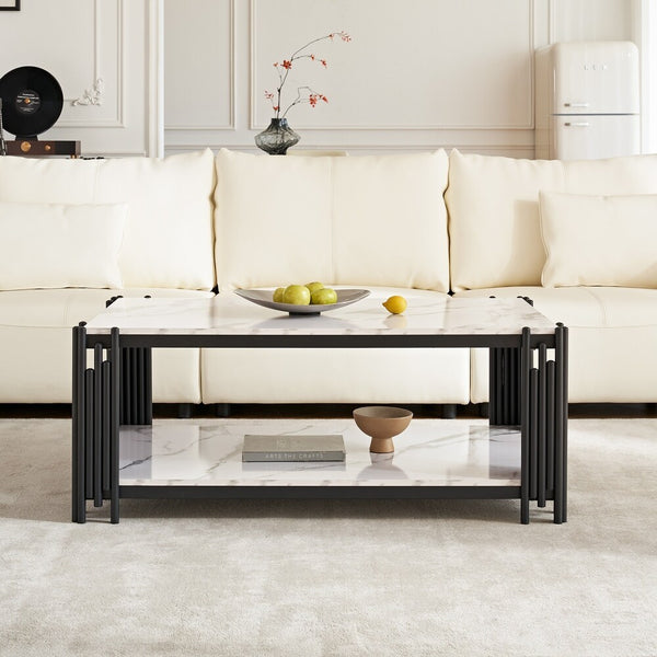 Modern Rectangular Glass Coffee Table in a stylish living room setting with a cozy white couch and decorative items.