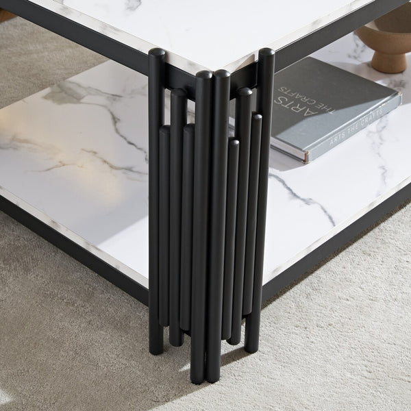 Modern Rectangular Glass Coffee Table featuring sleek black legs and a marble top.