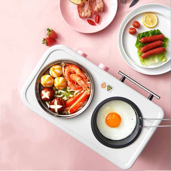 Image of a Multifunctional Breakfast Machine cooking eggs and seafood, highlighting its versatile cooking capabilities.
