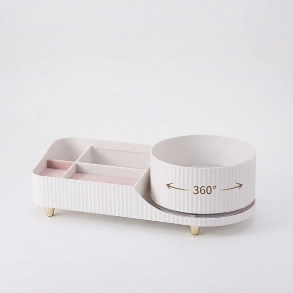 360-Degree Rotating Makeup & Skincare Organizer with compartments for convenient beauty product storage