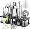 18 Piece Cocktail Shaker & Bar Tool Set with Wooden Stand displayed with bar ingredients and tools.