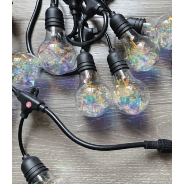 Outdoor LED String Lights featuring colorful decorative bulbs on a black cord for ambiance in outdoor spaces.