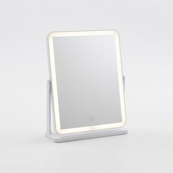 Rectangular LED Desktop Makeup Mirror with Touch Control in a sleek design with built-in lighting.