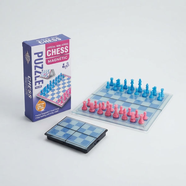 Mini Magnetic Chess Set with Folding Board next to its packaging, illustrating the compact and portable design.