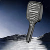 360 Degree Adjustable High-Pressure Shower Head with sleek design and LED features against a scenic background.