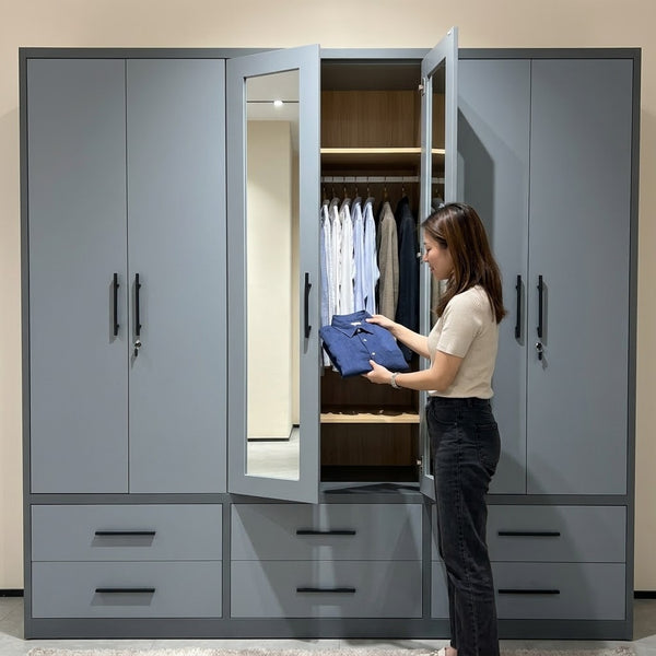 6-Door Wardrobe with Mirrored Doors and 6 Storage Drawers