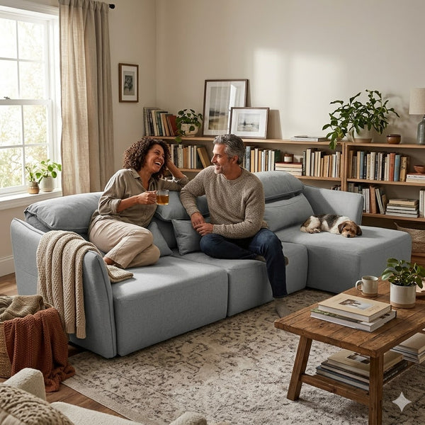 Couple enjoying drinks on the Bina Cinematic Couch in a cozy living room setting with a dog.