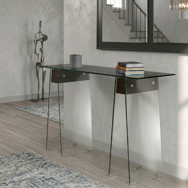 Luxury Glass Console Table with A-Shape Base in modern entryway with sleek design and unique features.