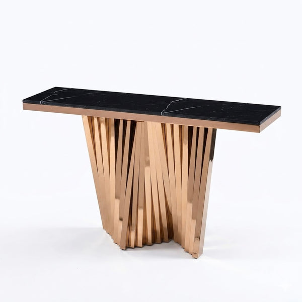 Luxury Black Faux Marble Gold Console Table showcasing a modern design with a sleek gold base and black marble top.