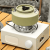 Compact Outdoor Gas Camping Stove with kettle on a wooden table for outdoor cooking.