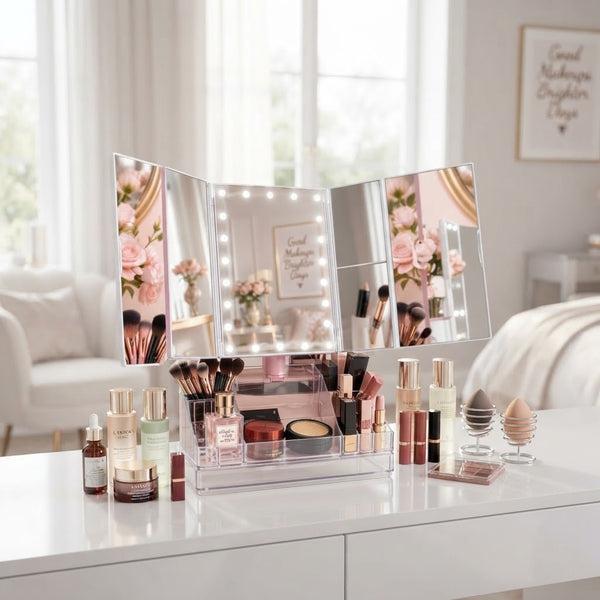 360-Degree Rotating TriFold Makeup Mirror with LED & Storage arranged on a vanity with cosmetics and beauty tools.