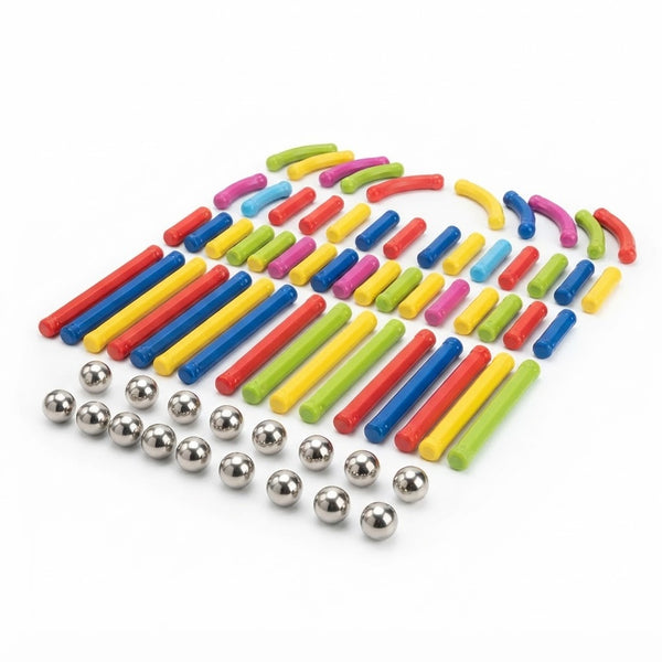 84-Piece Magnetic Bar Building Blocks Set for Kids with colorful bars and silver balls for creative building.