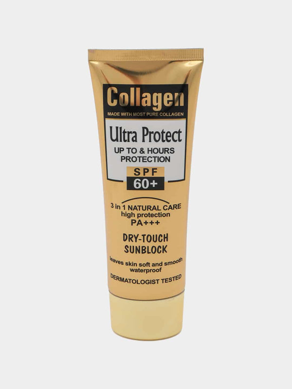Collagen 60+ SPF Dry Touch Sunblock Cream 100ml in a tube with gold packaging, offering high UV protection.