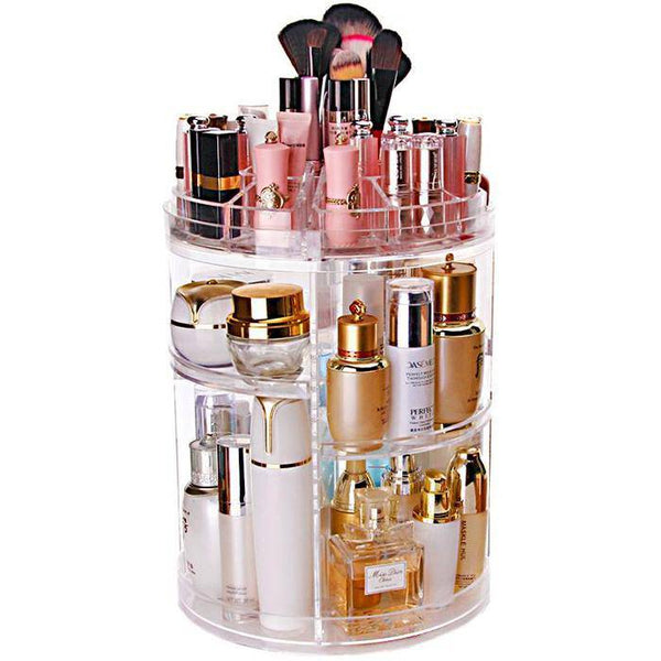 360 Rotating Cosmetic Organizer filled with various lipsticks, skincare products, and makeup brushes for easy access.