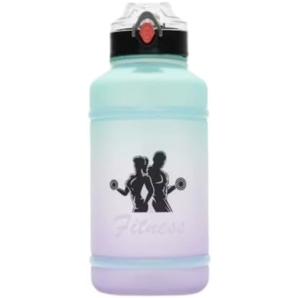2L Large Capacity Fitness Water Bottle with Straw Lid in gradient colors featuring fitness graphics.