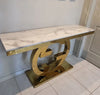Modern Gold Circular Accent Console Table with a marble top and gold geometric base design.