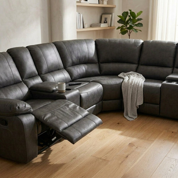 Modern Upholstered 3 Seater Couch in stylish gray leather with reclining feature for ultimate comfort.