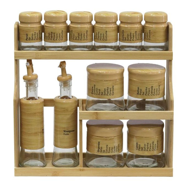 Glass Spice Jar Set with Bamboo Stand featuring 12 jars organized on a wooden two-tier stand.