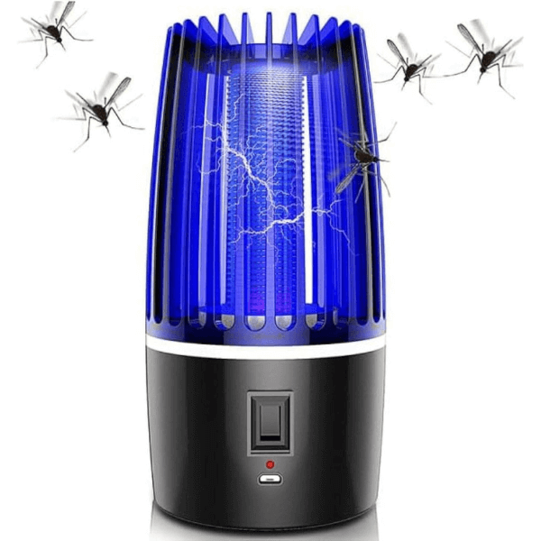 Bug Shield Pro LED Mosquito Killer in action, attracting and killing mosquitoes with a blue light.