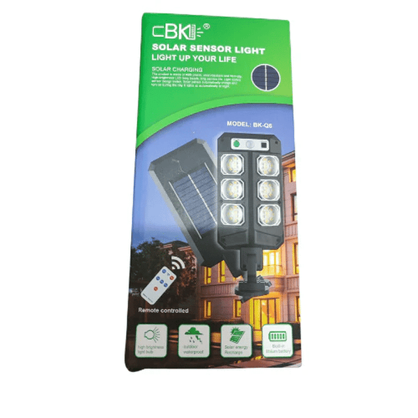 Remote-Control LED Outdoor Light packaging showcasing solar sensor features and remote control functionality.