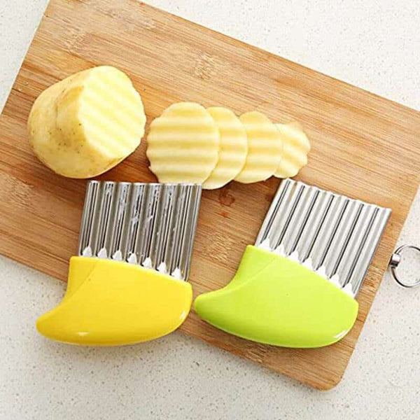 Crinkle Cutter Chopping Tool Slicer with sharp stainless steel blades and sliced potatoes on a cutting board.