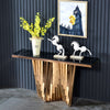 Luxury Black Faux Marble Gold Console Table showcasing a striking design with floral decor and elegant sculptures.