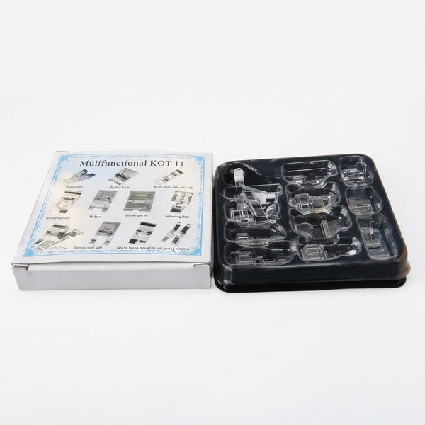 11-Piece Sewing Machine Presser Feet Kit with assorted attachments in a compact storage box.