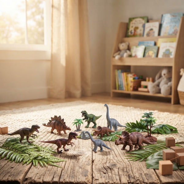 Dinosaur Adventure Playset Box showing dinosaur figures and accessories on a wooden floor surrounded by ferns.