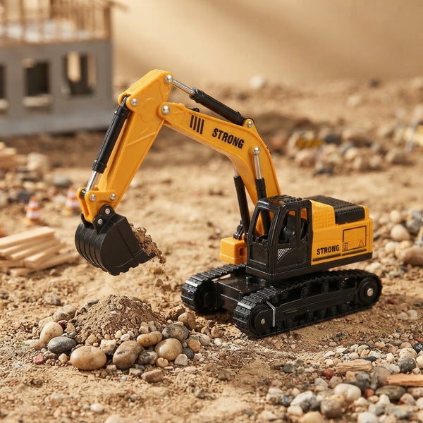 Engineering Excavator Toy with Movable Arm in action on a construction site, showcasing its movable arm and tracks.