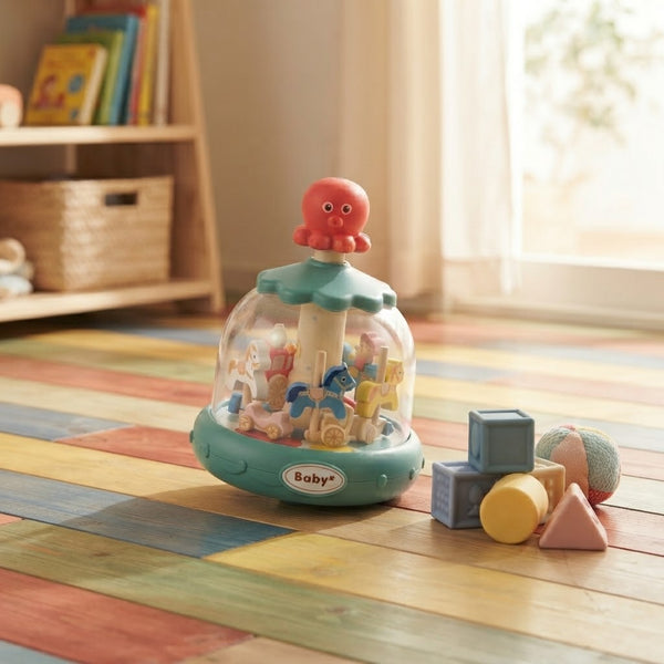 Colorful Press and Spin Carousel Toy for Kids featuring spinning horses and an octopus on top, perfect for playful movement and fun.