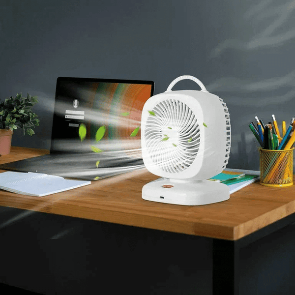 5-Speed Portable Desktop Fan providing adjustable airflow on a desk with a laptop and office supplies.