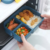 3-Compartment Microwave-Safe Bento Lunch Container with organized meals in blue compartment.