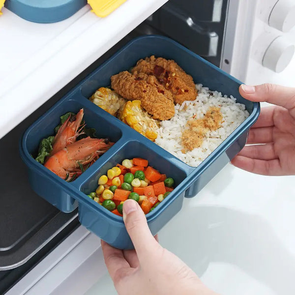 3-Compartment Microwave-Safe Bento Lunch Container with organized meals in blue compartment.